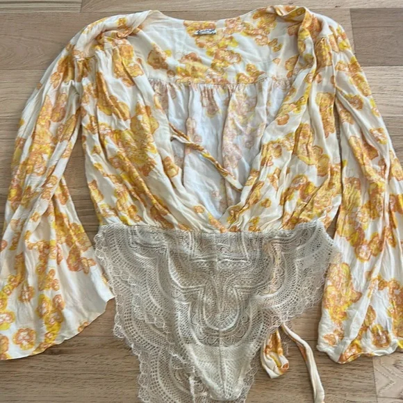 Free People Cream and Yellow Floral Lace-Trim Bodysuit - Picture 2 of 4
